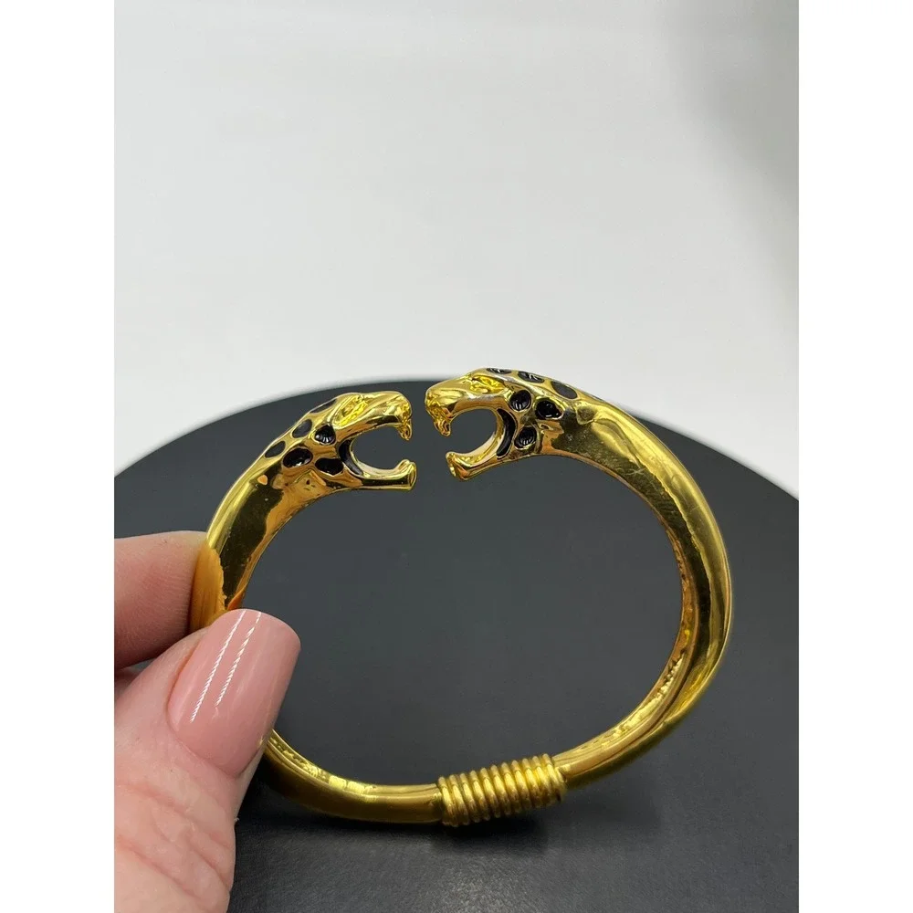 Kenneth Lane Vintage KJL Double Panther‎ Jaguar Bracelet Gold Black  Rhinestones